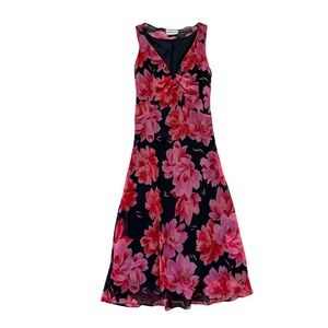 VTG Floral whimsigoth fairy silky‎ black pink deep v midi dress
